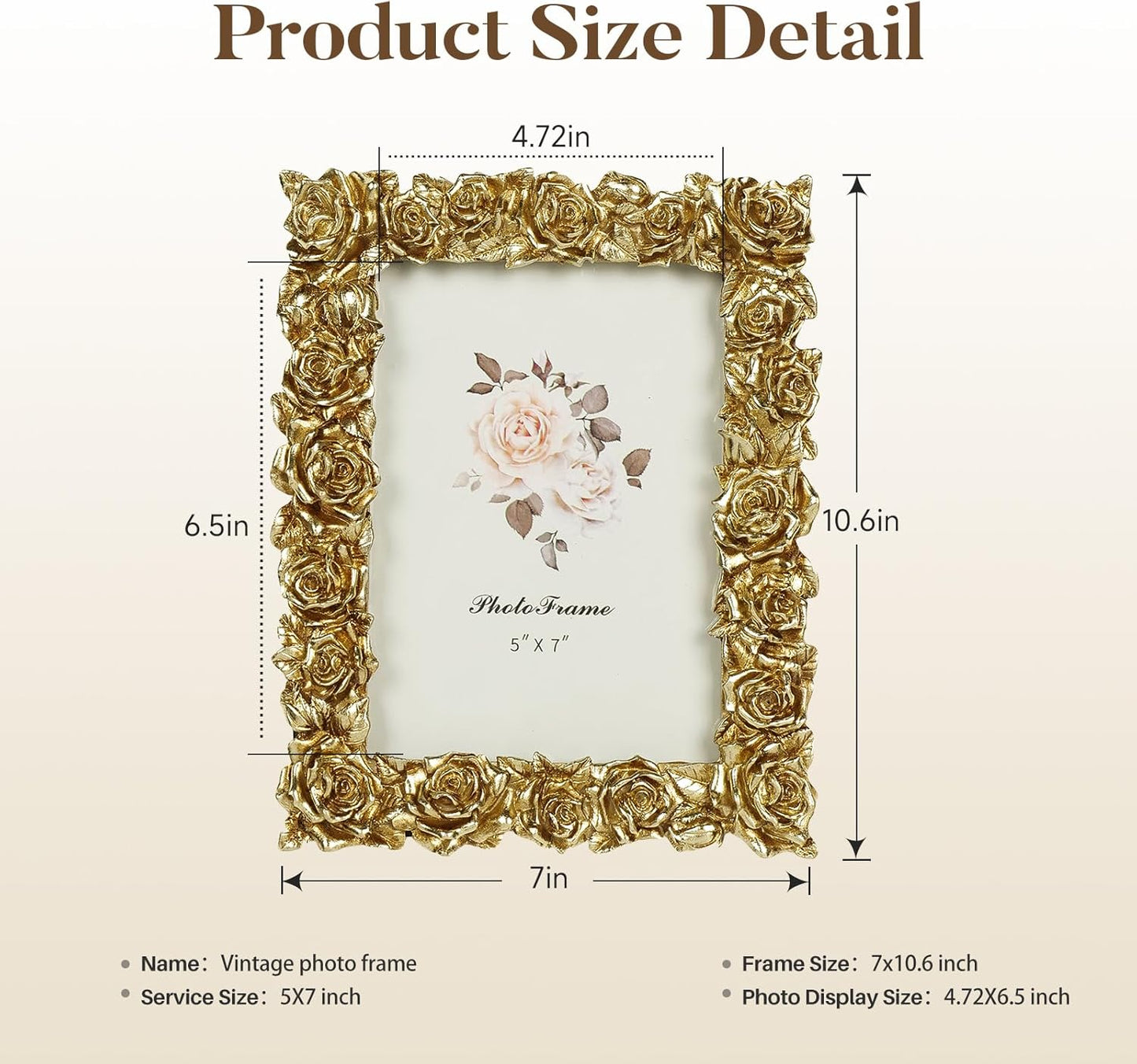 Cuspin Vintage Gold 5x7 Picture Frame, Gold Ornate Rose Flower Resin Photo Frame with Glass Front for Tabletop, Antique Picture Frames Photo Gallery for Home Office Decor