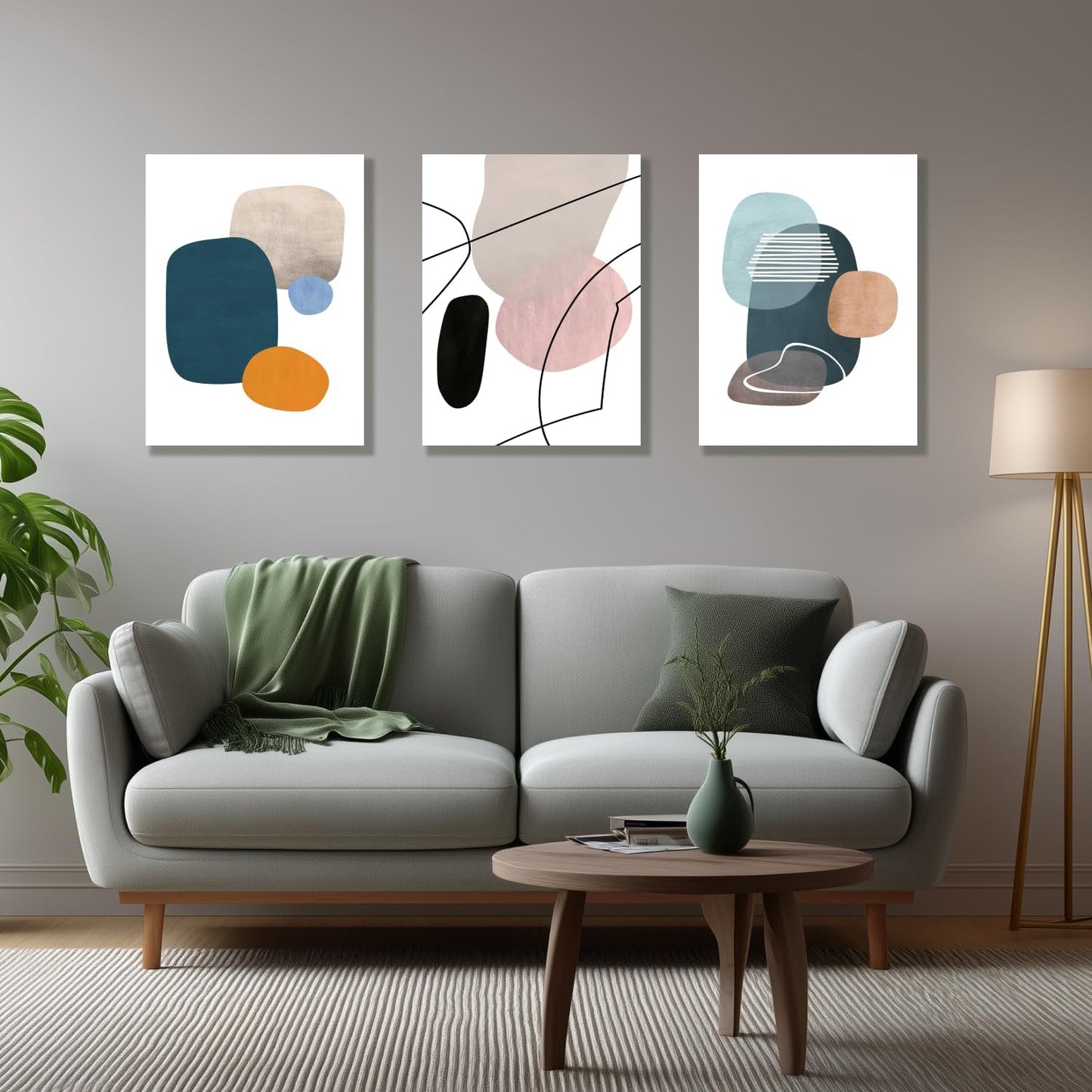 IAFWZX Framed Abstract Geometric Wall Art, Orange Blue Beige Color Block Wall Decor, Modern Minimalist Canvas Painting, Neutral Boho Colorful Geometric Aesthetic Picture for Living Room 16"x24"x3