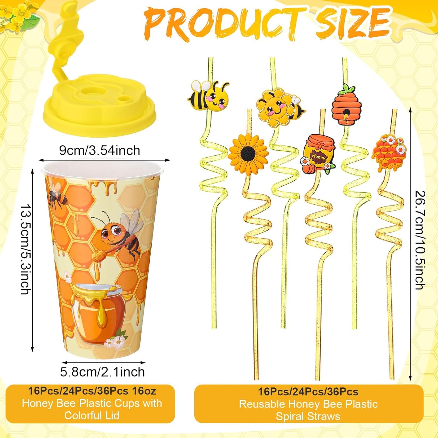 Yungyan 24 Sets Honey Bee Party Favors Goodie Cups with Lids and Straws for Birthday Decorations Reusable 16oz Plastic Candy Cups Plastic Straws for Birthday Party(Bee)