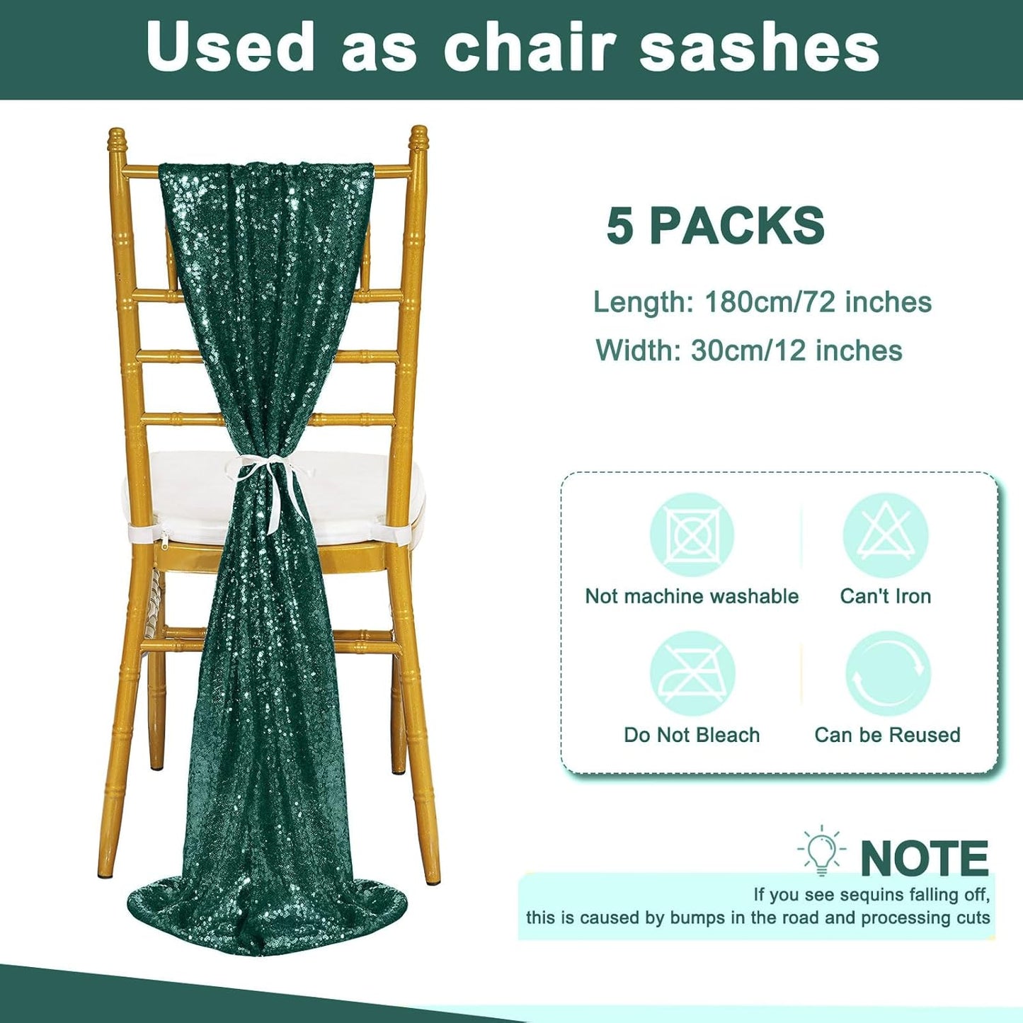 Sequin Table Runners 5 Pieces Emerald Green Table Runners 12x72 Inch Glitter Dining Table Cover for Party Wedding Birthday Reception Banquet Decoration Spring Party Chair Sashes