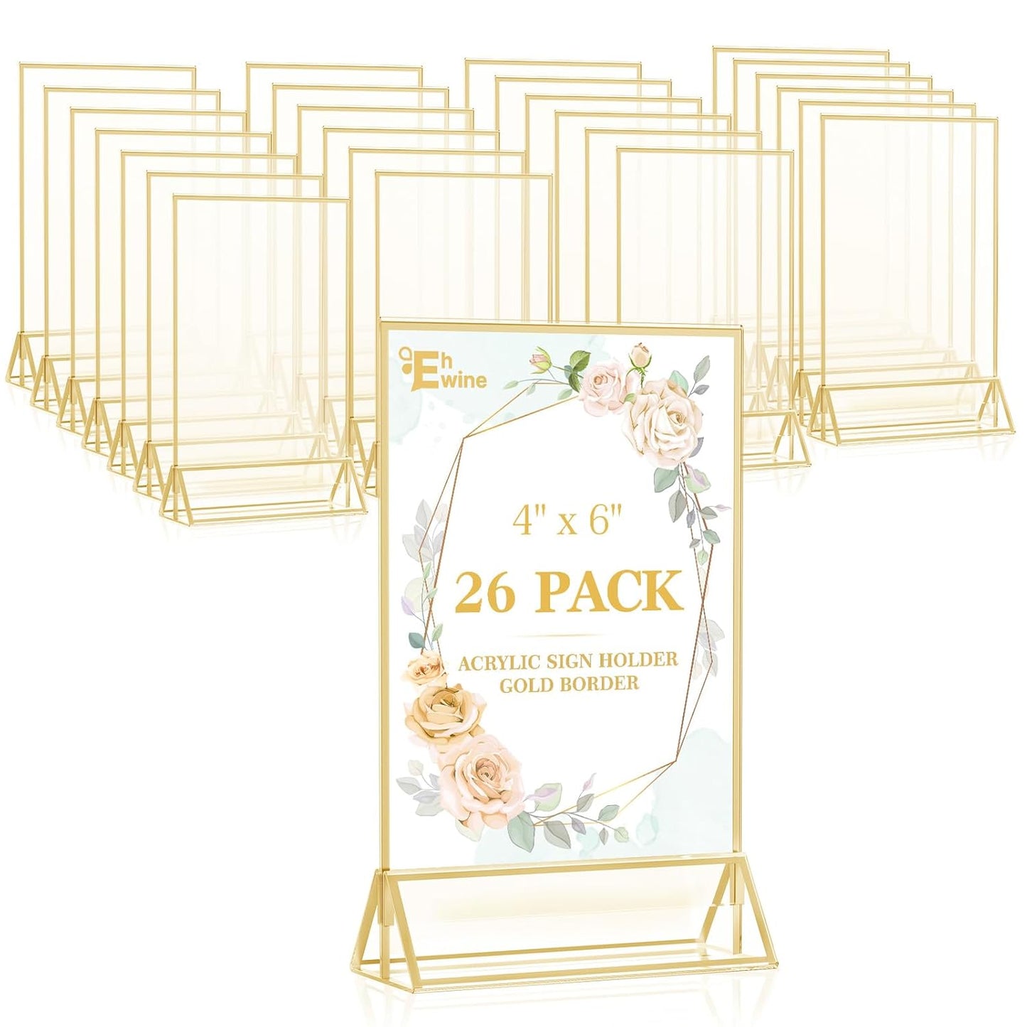 EHWINE 26 Pack 4×6 Clear Acrylic Sign Holder with Gold Borders and Vertical Stand, Double Sided Table Menu Holders Picture Frames for Wedding Table Numbers, Restaurant Signs, Photos and Art Display