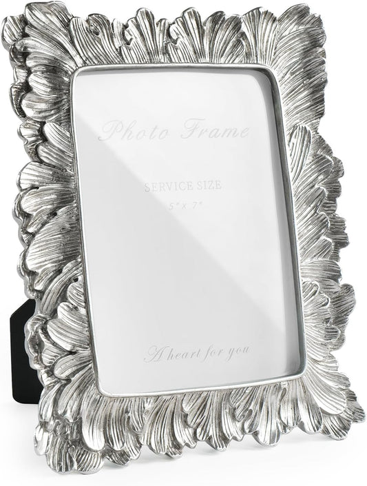 Silver 5x7 Picture Frame, Vintage Silver Palm Leaves Textured Hand-Crafted Resin with Glass Front Elegant Retro Vintage Rustic Design Photo Frame for Wall and Tabletop Display Home Decor