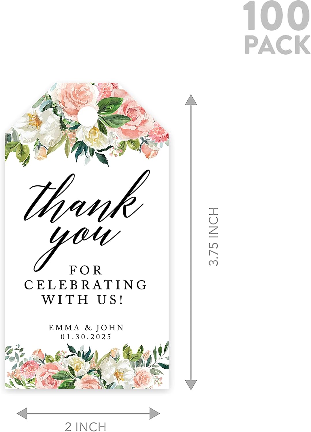 Andaz Press 100-Pack Personalized Thank You for Celebrating with Us Wedding Favor Tags with Bakers Twine Peach Coral Floral Garden Custom Cardstock Wedding Gift Tags for Party Favors 2 x 3.75-Inches