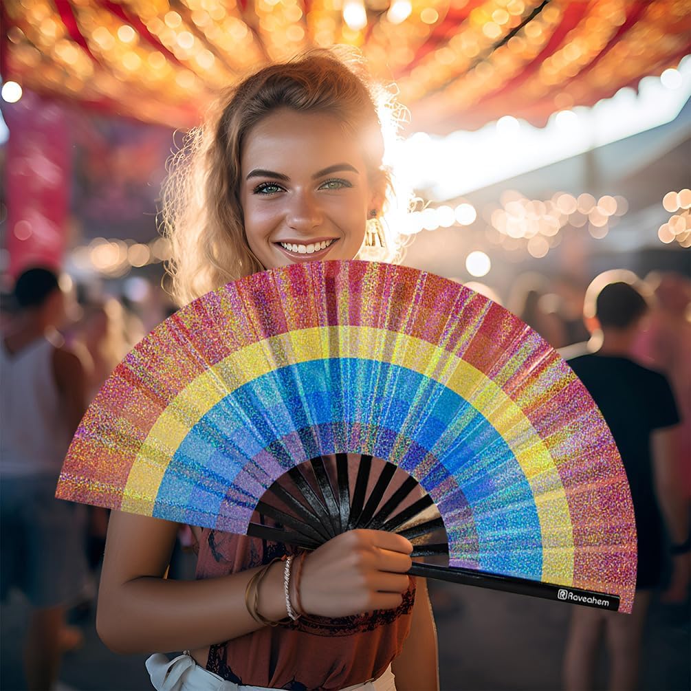 Large Rave Fan, Clack Folding Hand Fan with Premium Fabric, Thick Bamboo Frame for Men Women Gift for EDM, Festival, Club, Party, Dance, Decoration (Lridescent Rainbow, 13")