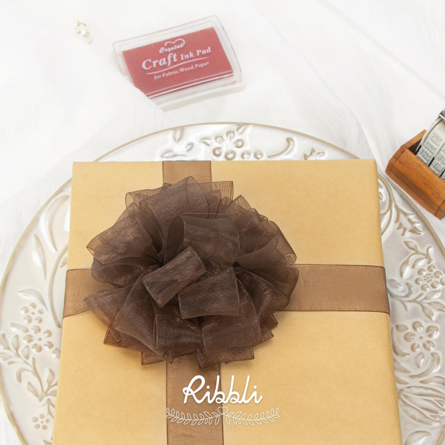 Ribbli Brown Organza Ribbon,1 Inches x Continuous 50 Yard, Brown Sheer Ribbon for Gift Wrapping,Cookie Wrapping,Wedding Decoration,All Crafting and Sewing