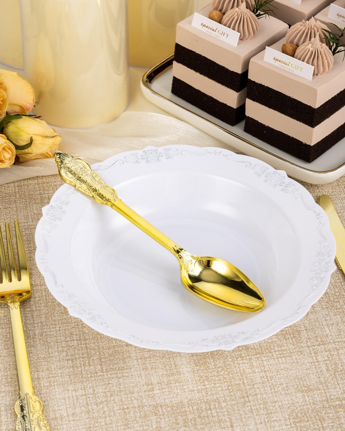 50 Pack White Plastic Bowls with Silver Rim, 12oz Plastic Salad Bowl, Disposable Bowls for Party, Dinners, Weddings, Christmas, Thanksgiving