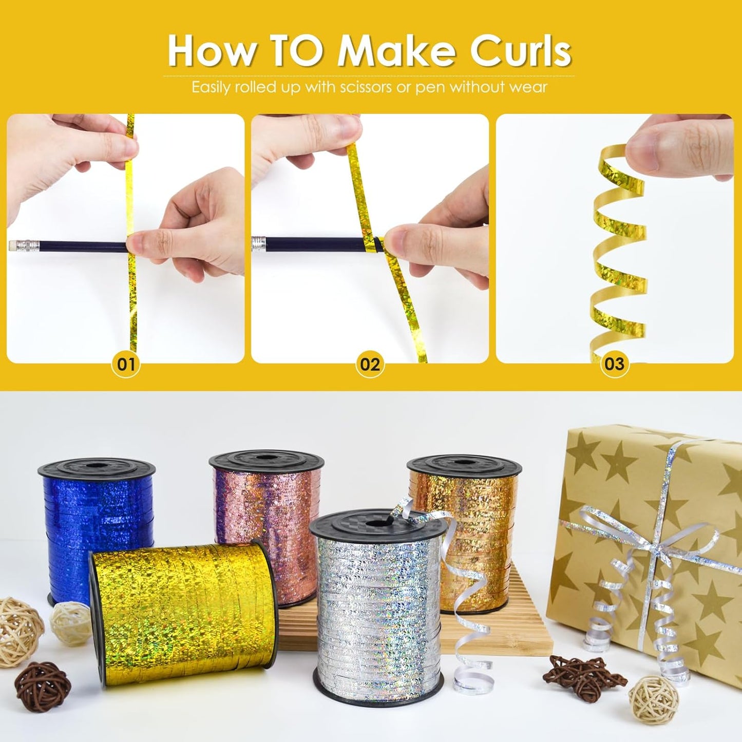 Gold Curling Ribbon - 500 Yard Shiny Metallic Curly Gift Ribbon for Wrapping, Balloons & Floristry