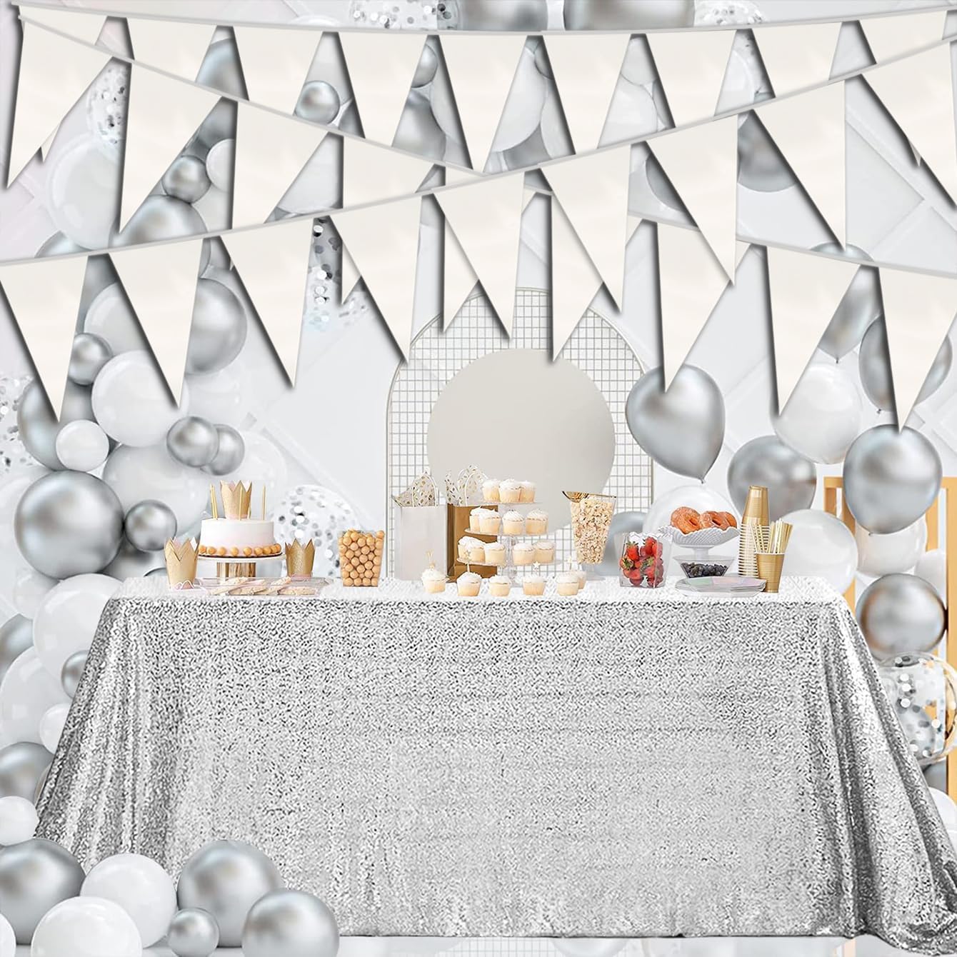 40M/130FT White Triangle Pennant Banner Flag Metallic Fabric Bunting Garland for Christmas Graduation Wedding Engagement Anniversary Bachelorette Birthday Bridal Shower Valentines Hen Party Supplies