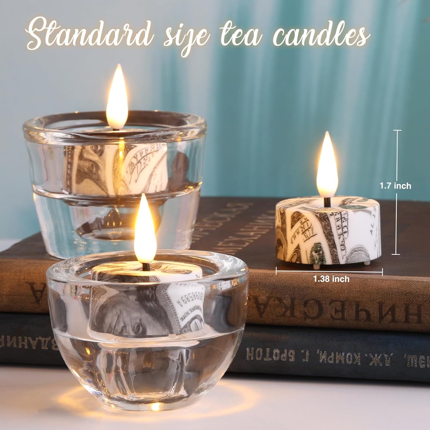 Eywamage Patriotic Flameless Tealights with Remote Batteries, Flickering US Dollar LED Tea Votive Candles Set of 12