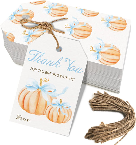 50pcs Little Pumpkin Thank You Tags, Pumpkin Bow Fall Theme Favor Tags for Boy Coquette Baby Shower and Birthday Party Gift Wrapping Decoration (Blue Bow)