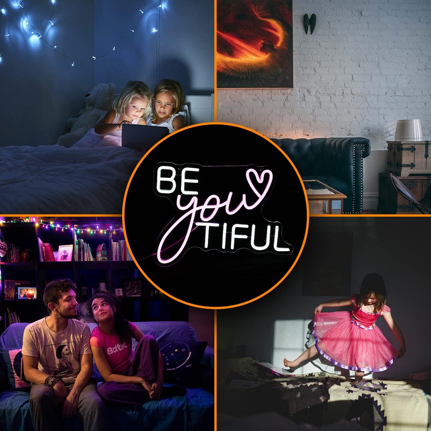 Be Your Tiful Neon Sign Dimmable Letter Neon Signs White Pink Wall Decorative Lights Powered USB with Switch for Bedroom Kid Room Shop Apartment Birthday Party Wedding （15.7’’X11.8’’）