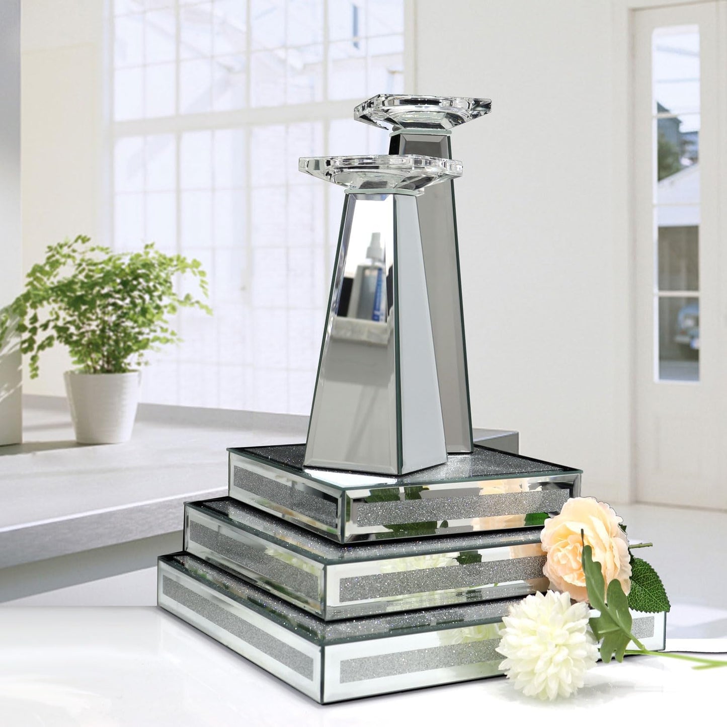 GIMORRTO Mirror Display Riser 3 PC, Glam Accent Table Display Platform for Decorative Pieces, Mirrored Showpeice 3 set, Food Beffer Displayer (Sparkling 3PC)