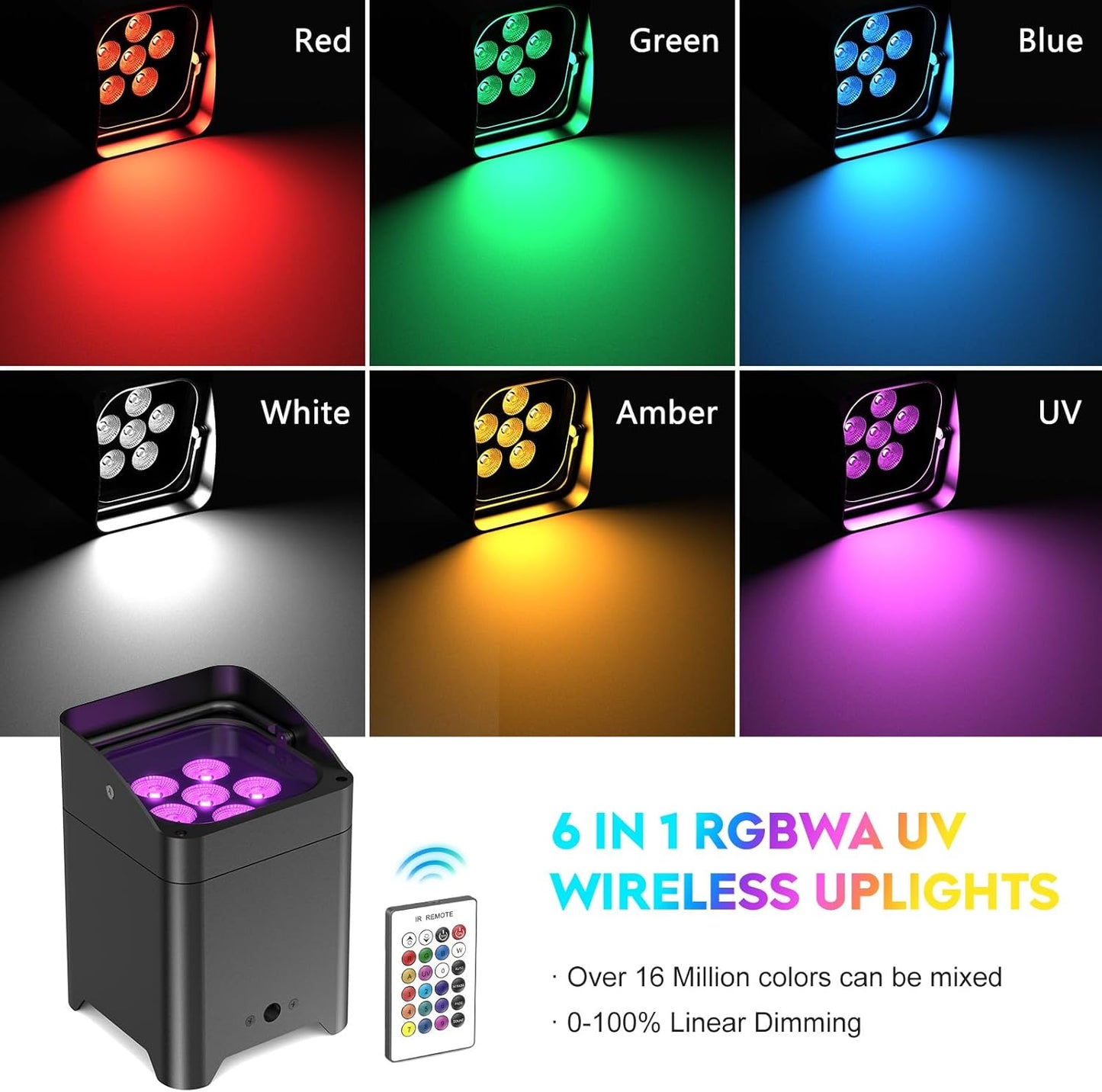 9600mAh Wireless Uplights, 6x18W RGBWA UV Rechargeable Stage Lights, APP/DMX512/Remote Controlled Par Lights, Battery Powered Uplights for Show, Party, Festival, Event