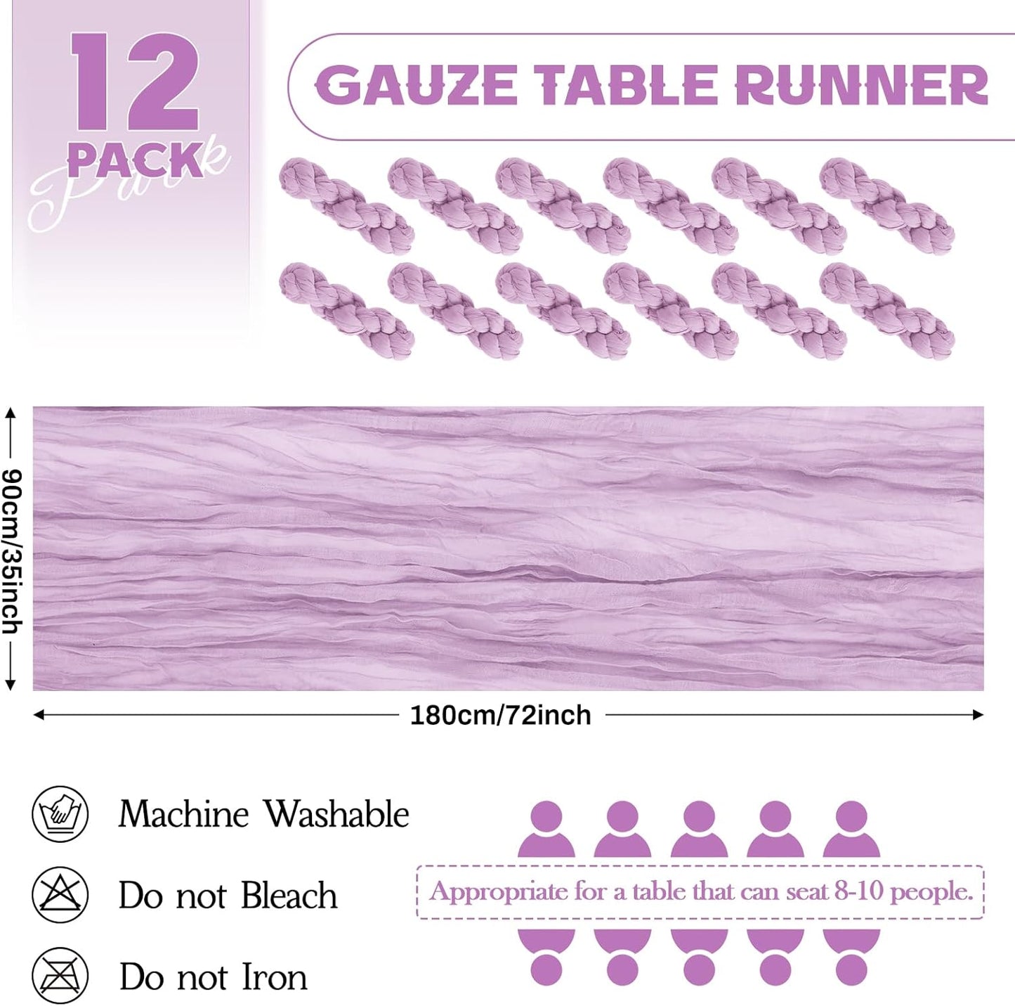 Aktor 12 Pack Lavender Table Runner Boho Cheesecloth Table Runner Semi Sheer Gauze Fabric Runners for Wedding Birthday Baby Shower Party Boho Table Decoration（Lavender）