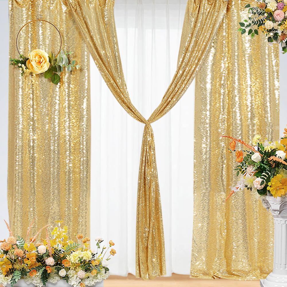 Eternal Beauty Gold Sequin Backdrop Curtains, Shimmer Back Drop 4Panels-2FTx8FT for Christmas, Party, Birthday, Photography, Wedding, Baby Shower Event Decoration
