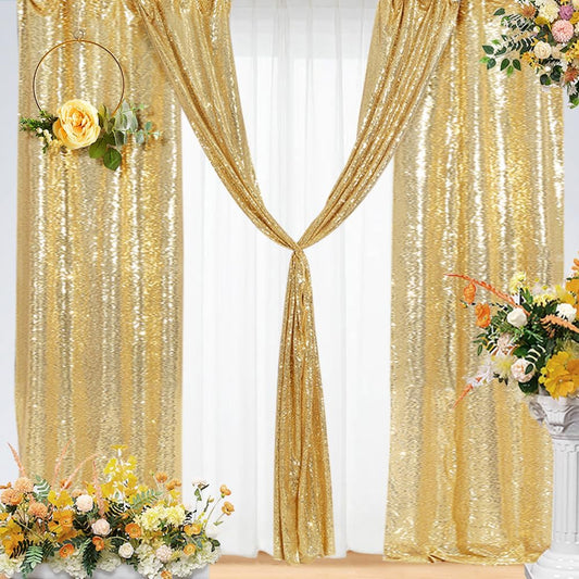 Eternal Beauty Gold Sequin Backdrop Curtains, Shimmer Back Drop 4Panels-2FTx8FT for Christmas, Party, Birthday, Photography, Wedding, Baby Shower Event Decoration