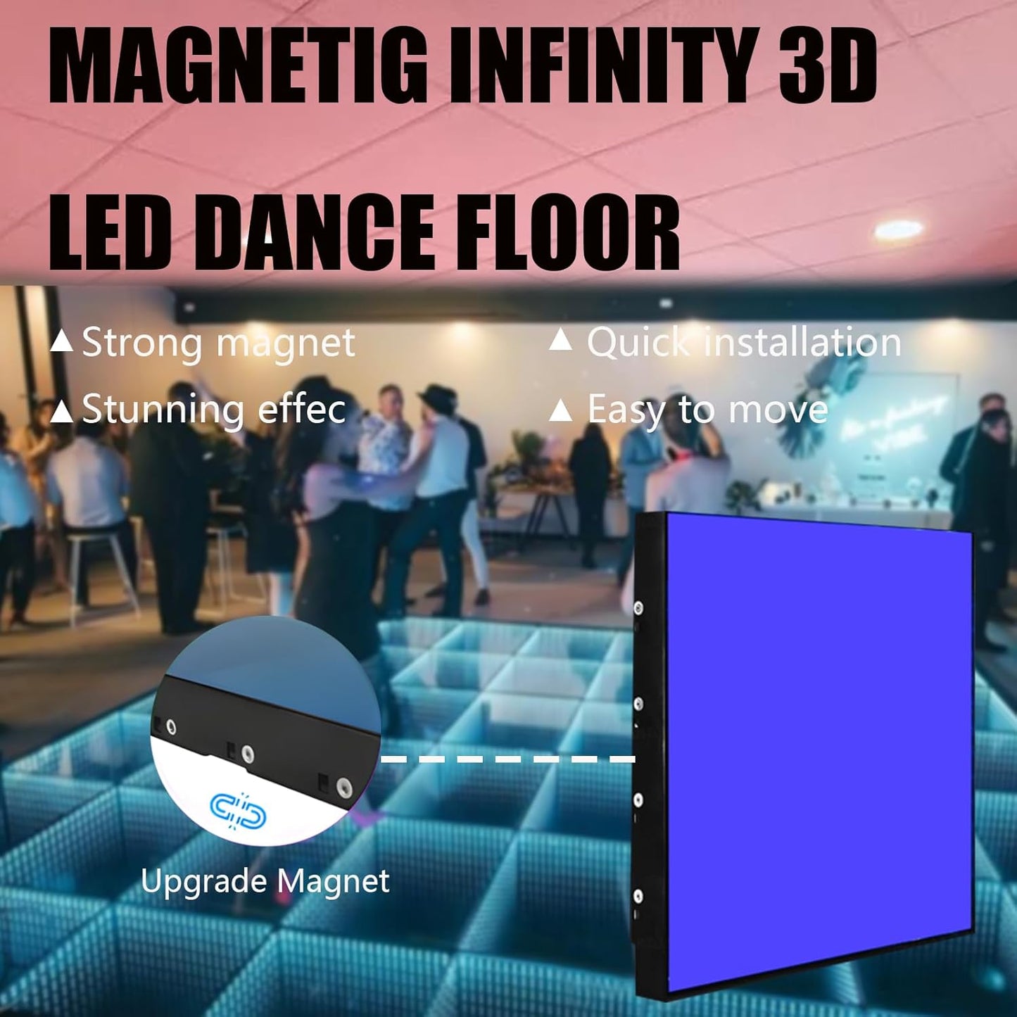 Dance Floor Stage Lights Tempered Glass Infinity Mirror Panel 3D Effect Led Dance Floor for Wedding Party Customizable (RGB-Magnetic, 25PCS(8.2FTX8.2FT))