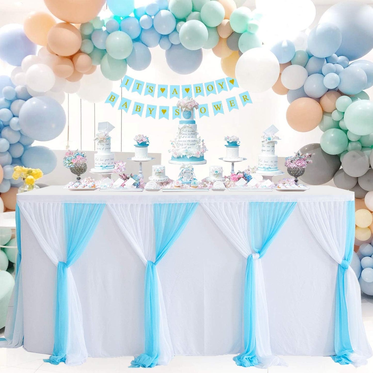 Suppromo Baby Blue Tulle Table Skirt for Rectangle Tables 9ft Tutu Tablecloth for Baby Shower Boy Birthday Party Cake Dessert Buffet Banquet Table Decorations