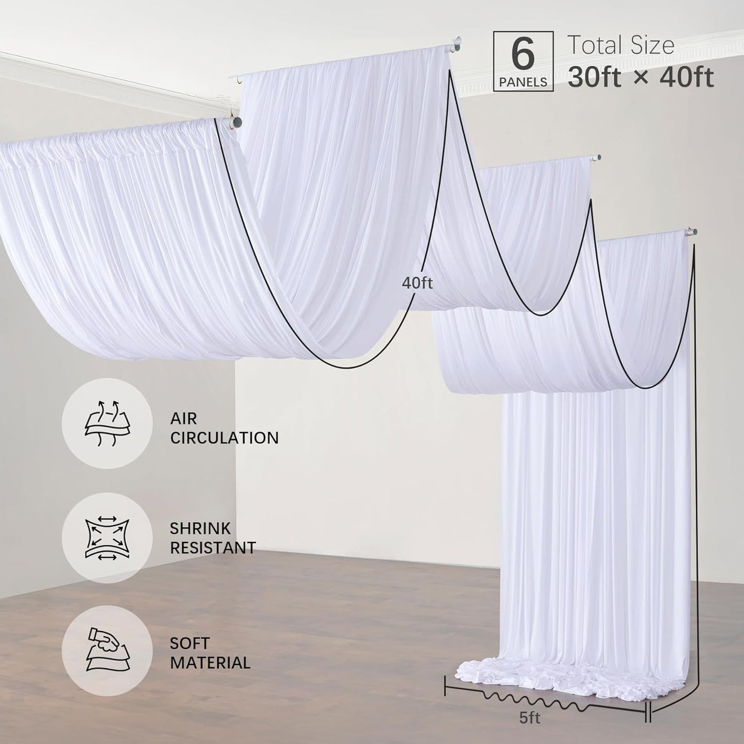 PartyVillage 30ftx40ft White Ceiling Curtain for Wedding Parties – 6 Panels Wrinkle-Free 40 FT Long Tent Draping Curtains for Wedding, Birthday & Theme Parties, 40ft Height with Rod Pocket