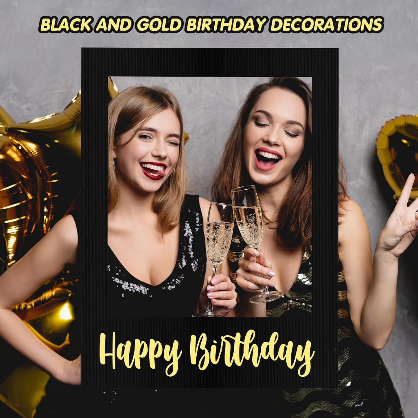 32 x 24 Inch Large Photo Booth Props Picture Frame Happy Birthday Party Frame DIY Cutouts Photo Booth Props Selfie for Party Supplies Favors(Black Gold,Happy Birthday)