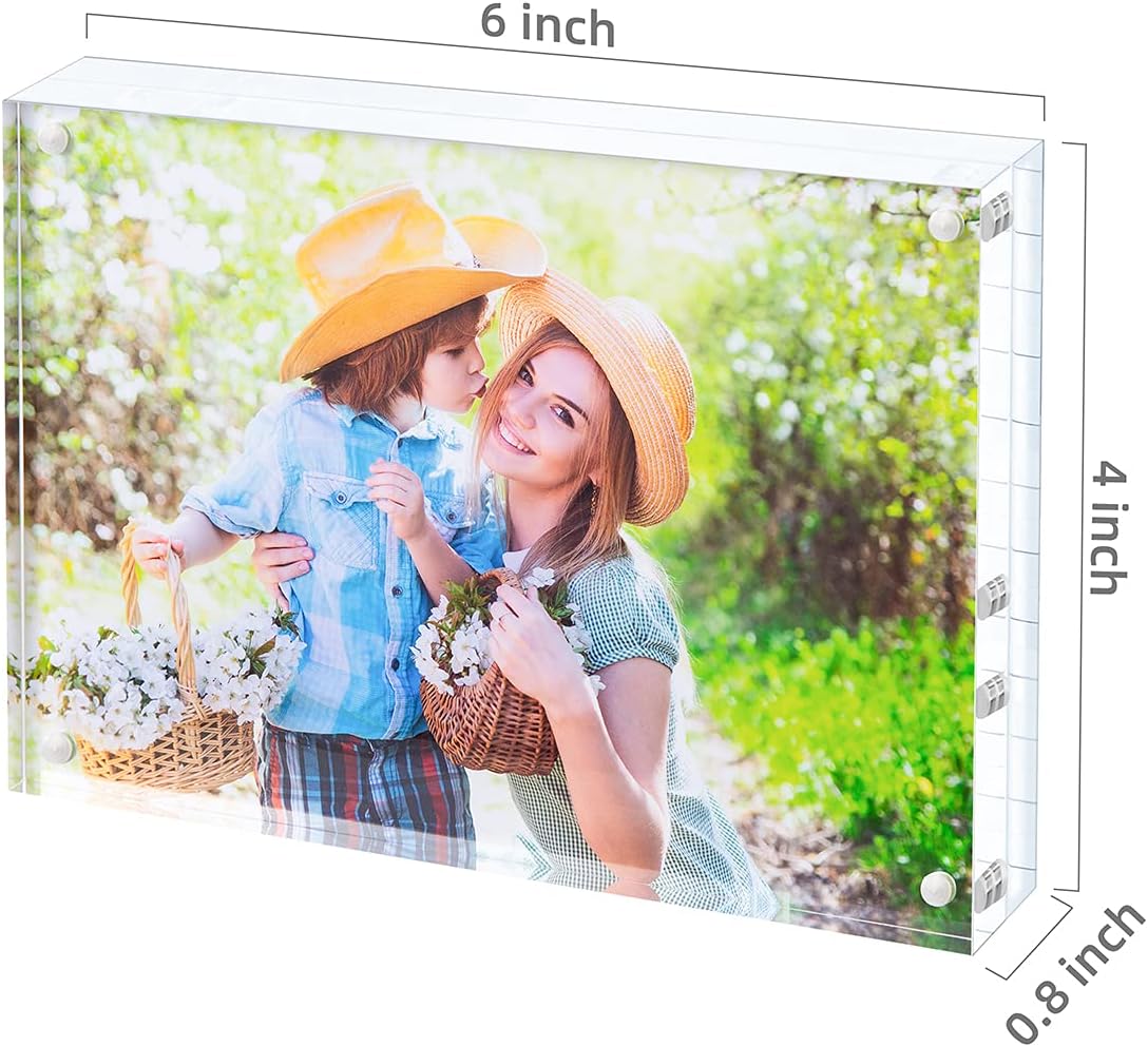 Acrylic Picture Frame , Clear Freestanding Double Sided 20mm Thickness Frameless Magnetic Photo Frames Desktop Display with Gift Box Package (4x6 4 pack)