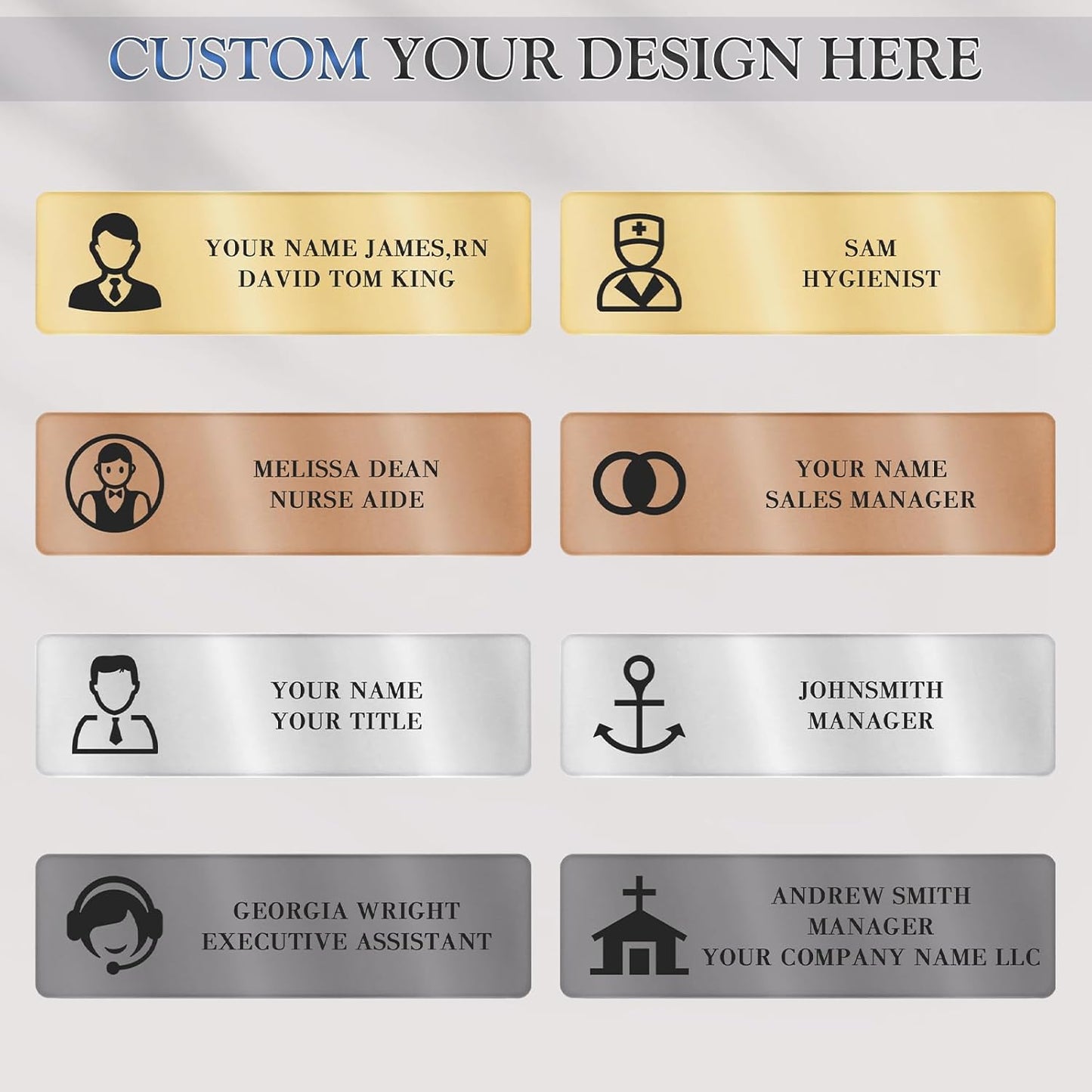 Custom Engraved Name Tags Badges with Logo Text, Personalized Identification Metal Name Tag for Classroom, Business, Office, Doctor, Teacher, Realtor (Silver)