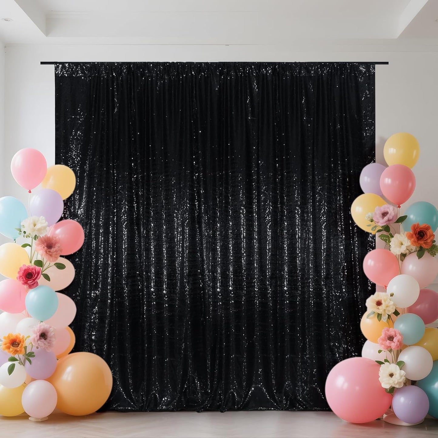 SquarePie Sequin Backdrop Curtain Less See Through Thick Glitter Background for Halloween Party 10FT x 10FT Black
