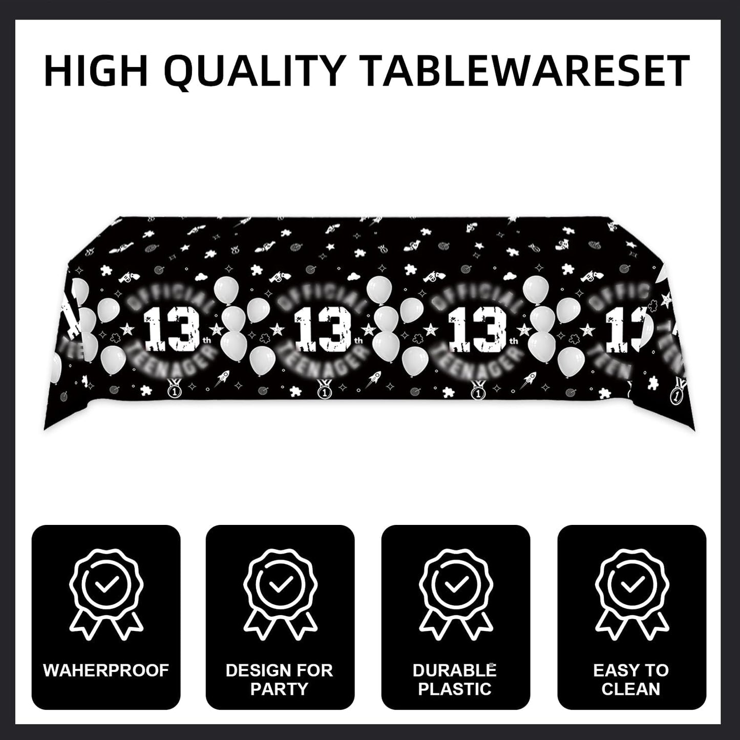 123pcs 13th Party Decorations,13th Silver Black Birthday Banner,Flags,Paper,cups,Straws,Forks,Cake Toppers,Dessert plates,Tablecloths and dinner plates,Officially a Teenager 13th Birthday Supplies