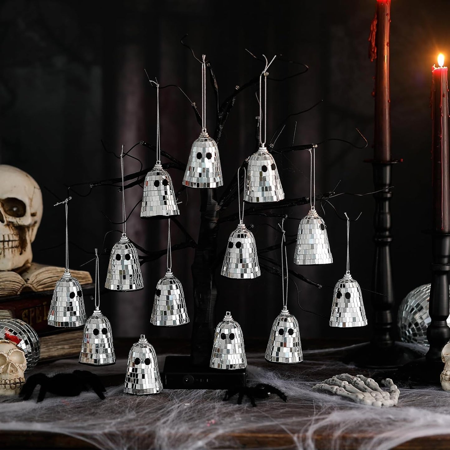 24 Pcs Halloween Disco Ghosts Decor Halloween Ornament Silver Mirror Disco Skeleton Tabletop Centerpiece for Holiday Cosplay Home Props Gift Party Decorations (Sliver)