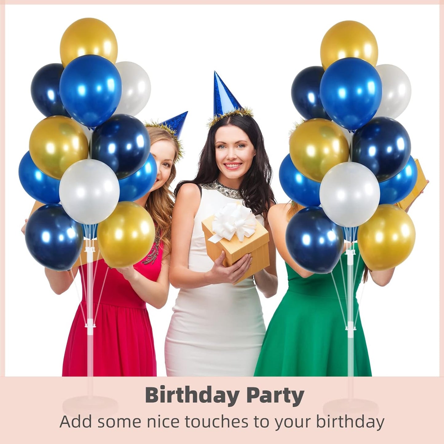 Balloon Column Kit Set of 2 With Balloons Included - Balloon Tower with Stand, Base, and Pole,Backdrop Decoration for Wedding, Baby Shower, Birthday Party, or Bachelorette Parties (Gold Blue white)