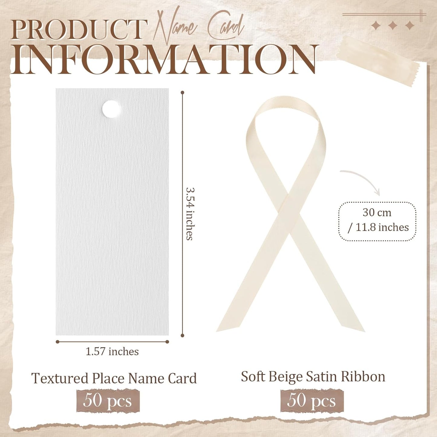 50 Pcs Name Place Cards for Table Setting Blank Wedding Place Cards with Satin Ribbon 1.57 x 3.54 Inch Hanging Gift Tags for Wedding Dinner Banquet Party Table Setting Supplies(Beige)