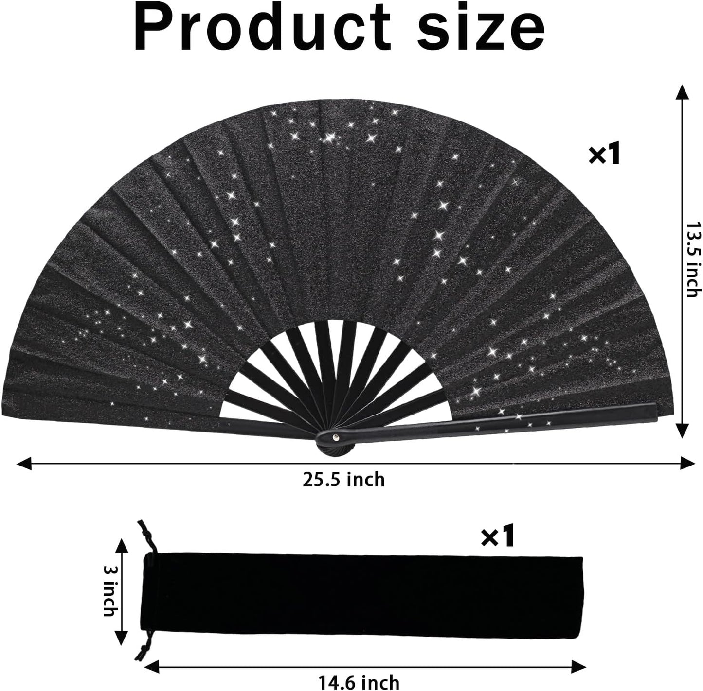 Glitter bling Large Folding Fan-Hand Fan Rave Clack Popping Fan for Line Dancing Clacking Fans for Boots On The Ground Dance, Party for EDM, Music Festival, Hot Flashes, Party, Decoration(1pcs black)