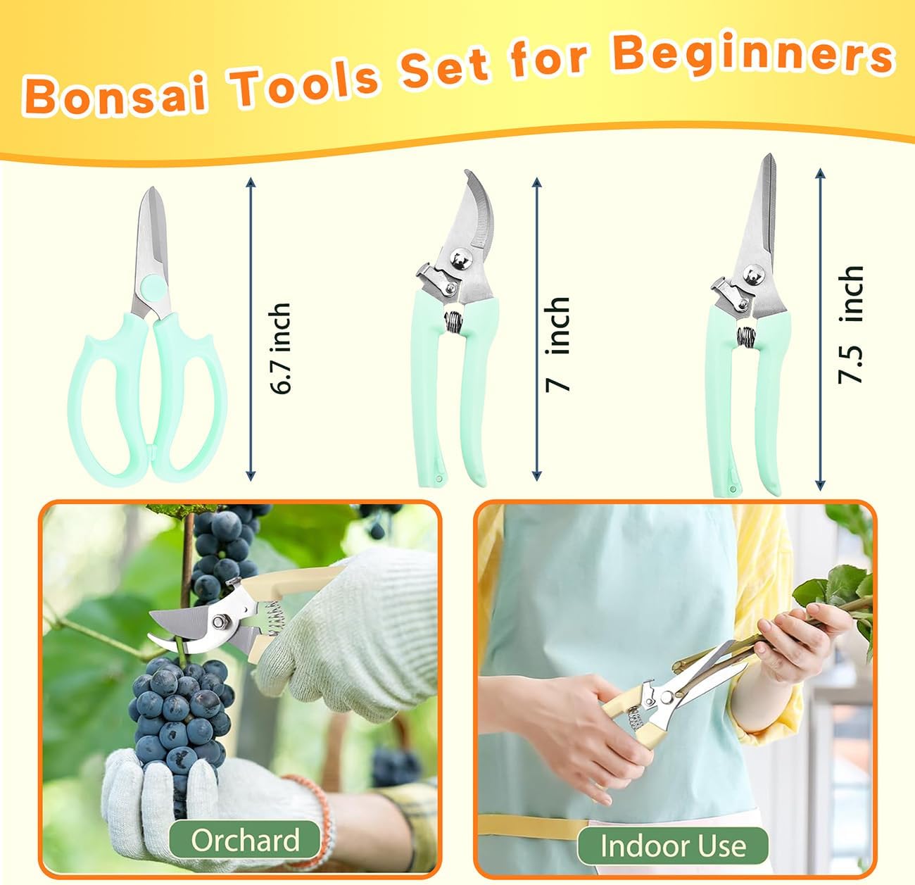 Bonsai Tools Set for Beginners, Bonsai Tree Kit with Training Wire, Scissors, Pruning Shears, Repotting Kit, Indoor Plant Tools Starter Kit (Green)