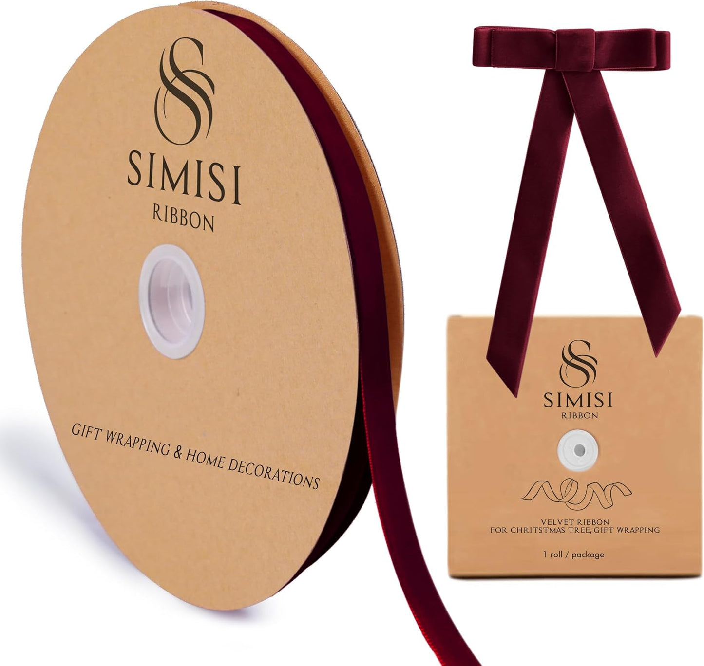 Burgundy Velvet Ribbon 3/8'' 25 Yards for Christmas Tree, Gift Wrapping, Flower Bouquet, Wreath Decorations, Bow Making