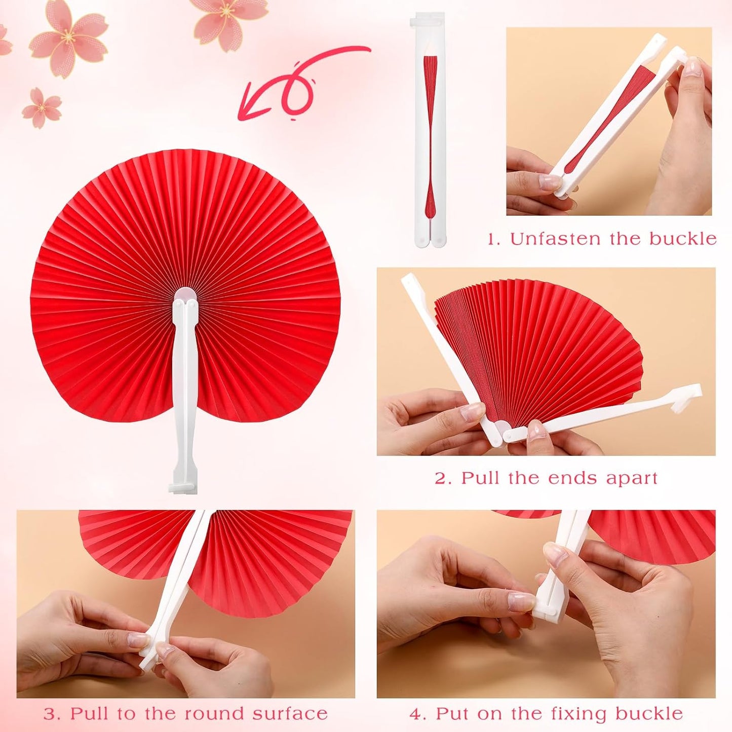 Handepo 200 Pieces Wedding Fans Folding Paper Fans Paper Fans Round Shaped Folding Fans Handheld Fan with Plastic Handle for Wedding Celebration Birthday Party Favor (Red)