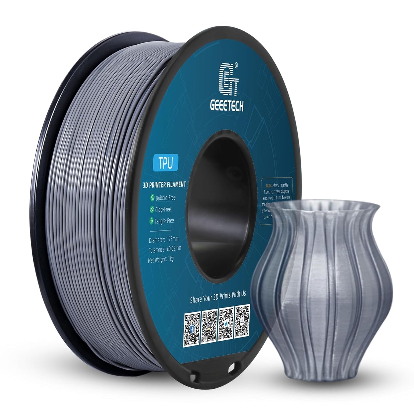 Geeetech TPU Filament 1.75mm, Shore 95A Flexible 3D Printer Filament with High Elasticity, 1KG (2.2lbs) Spool, Dimensional Accuracy ±0.03mm, Fits Most FDM Printers (Clear Silver)