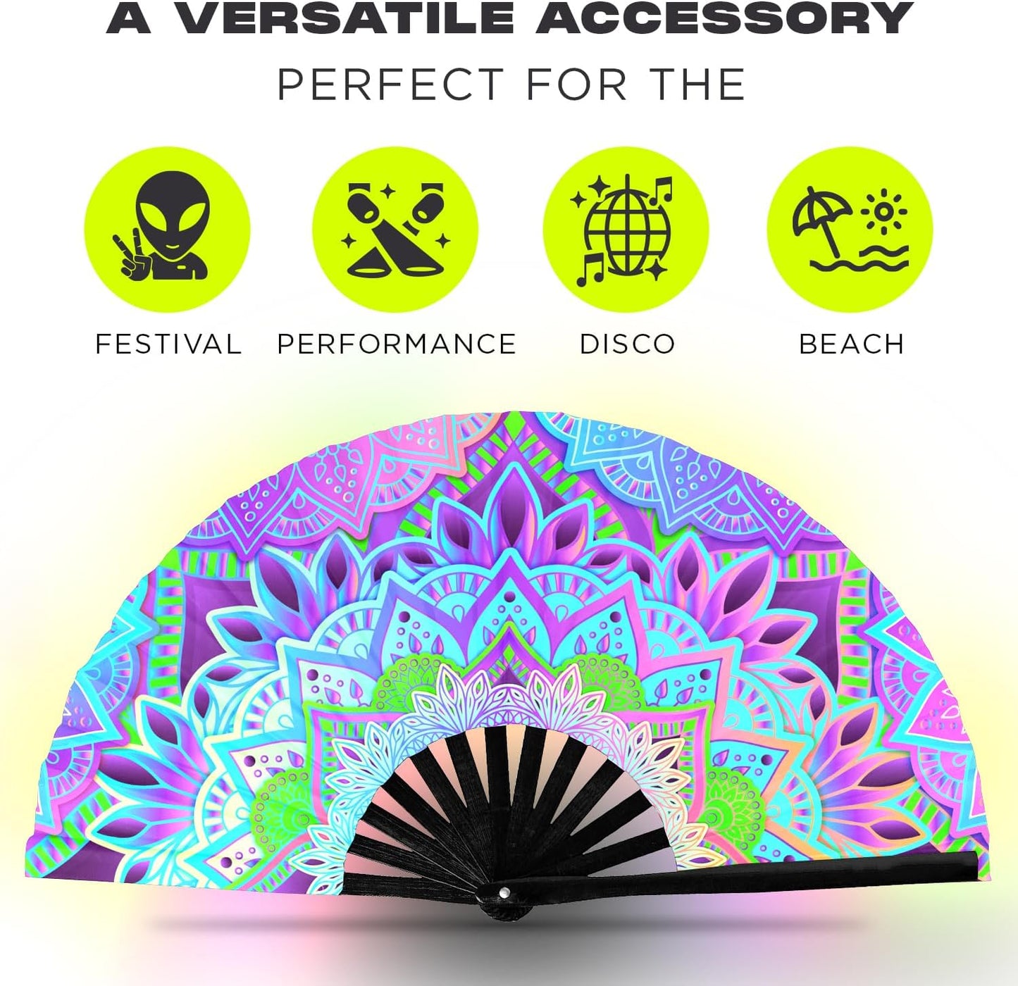 GloFX UV Glow Mandala Rave Handheld Fan - Teal, Pink, Purple & Green Design - Large Folding Fan for Festival Fashion, Essential Rave Accessories for Women, Foldable Hand Fan for Music Festival Outfits