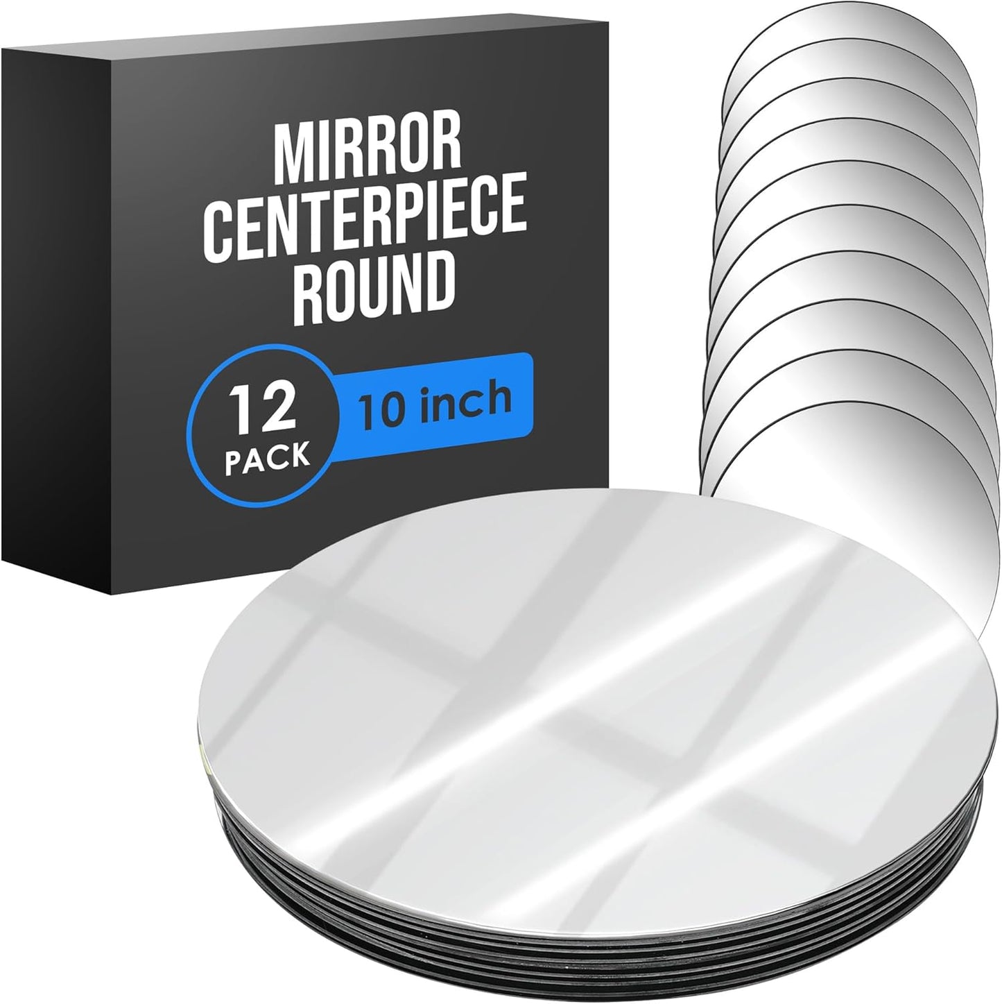Houseables Mirror Centerpieces for Tables, Round Mirrors for Centerpieces, Mirrored Trays, Round Table Plate Tray, Circle, Glass Charger, Wedding, Center Piece, Small, Base, Candle, 10 Inch, 12 Pack