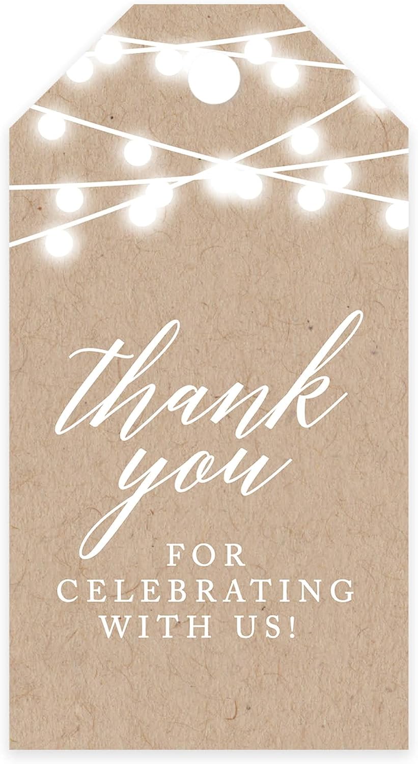 Andaz Press 100-Pack Thank You For Celebrating With Us Favor Tags Rustic String Lights Cardstock Gift Tags with Bakers Twine for Wedding Baby Shower Bridal Shower Birthday Party Favors 2 x 3.75-Inches
