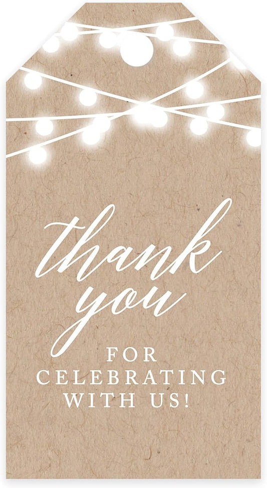 Andaz Press 100-Pack Thank You For Celebrating With Us Favor Tags Rustic String Lights Cardstock Gift Tags with Bakers Twine for Wedding Baby Shower Bridal Shower Birthday Party Favors 2 x 3.75-Inches