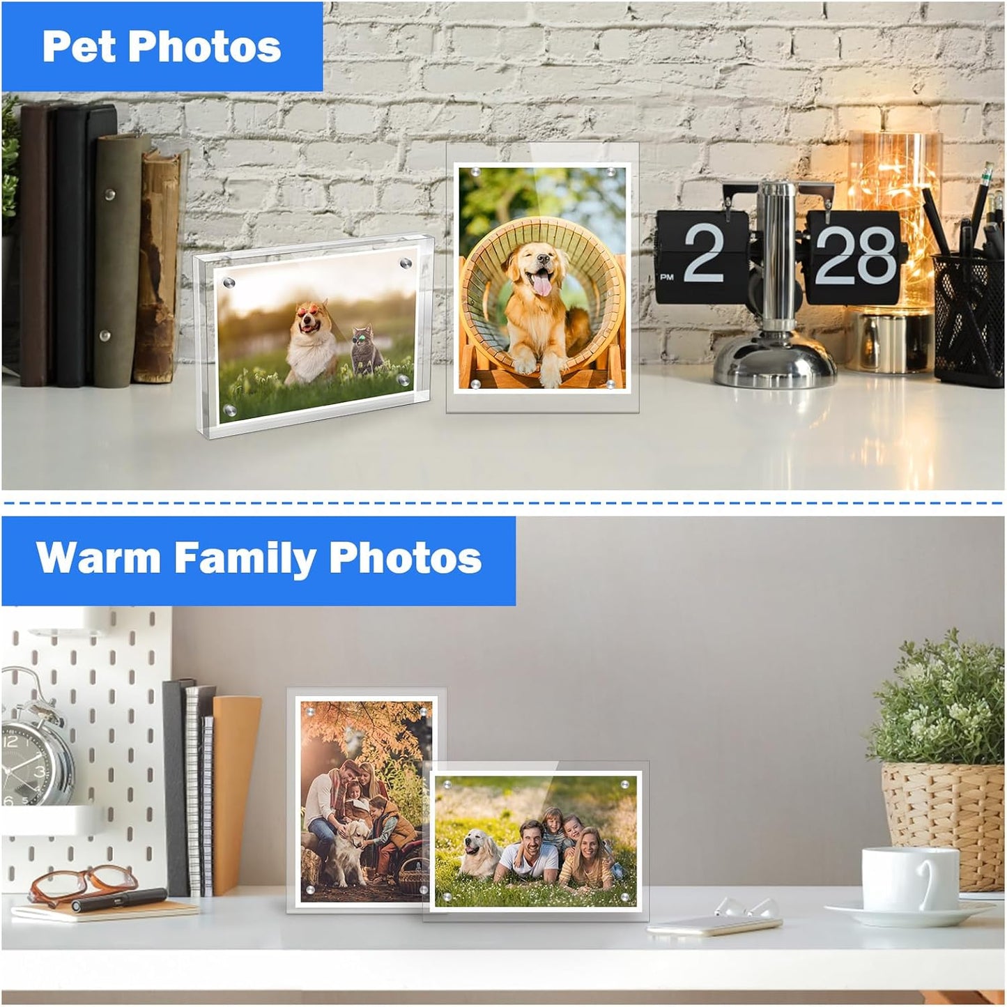 Small 4×4 Inches Acrylic Picture Frame(3 Pack)，Clear Magnetic Picture Frame for Wedding，Double Sided Frameless Photo Frame for Desktop Free Standing， Display Stand Acrylic Frame