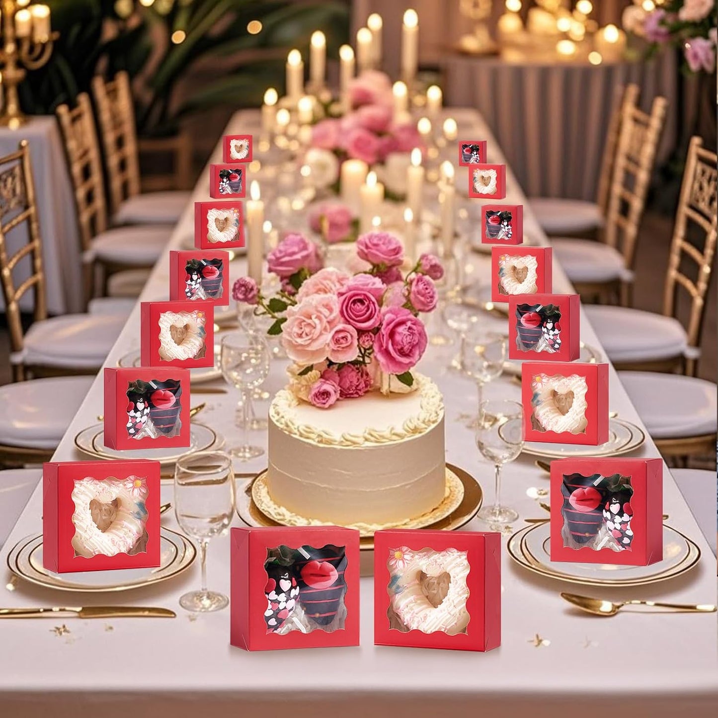 RomanticBaking 3 ¼" x 3 ¼" x 1 ½" 50PCS Chocolate Truffle Boxes for 4，Cookies Boxes Soap Boxes Donut Boxes Macaron Boxes Mini Bakery Boxes with Window Brownie Box