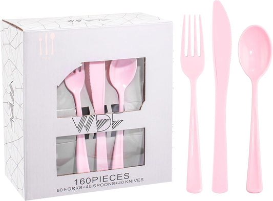 WDF 160 Piece Pink Plastic Silverware - Heavy Duty Pink Silverware Includes 80 Forks, 40 Spoons, 40 Knives, Plastic Utensils Perfect for Wedding, Party