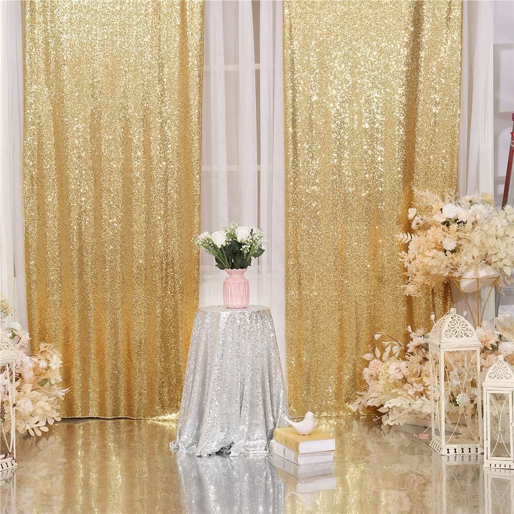 Eternal Beauty Gold Sequin Backdrop Curtains, Shimmer Back Drop 4Panels-2FTx8FT for Christmas, Party, Birthday, Photography, Wedding, Baby Shower Event Decoration