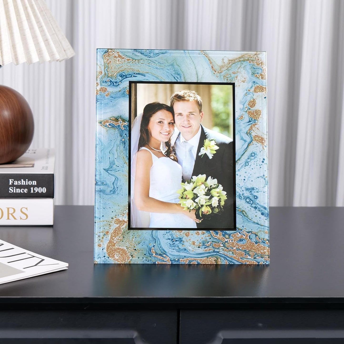 Cuspin 5x7 Blue Picture Frame, Luxury Blue and Gold Glass Wedding Frame 8x10 Marble Decorative Photo Frames for 5x7 Photos, Glamorous Elegant Frame for Tabletop, Gift, Home Office Display