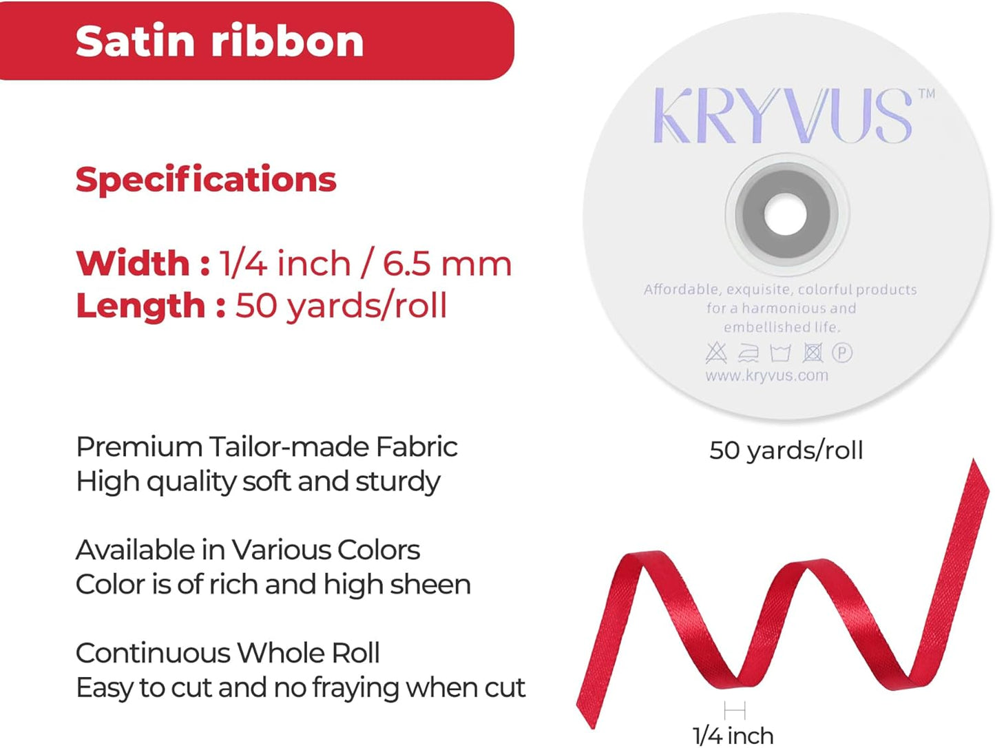 Red Satin Ribbon 1/4 inch X Continuous 50 Yards, Single Face Polyester Ribbon Perfect for Gift Wrapping, Flower Bouquet, Wedding Decor, Crafts, Bow Making, Sewing and More