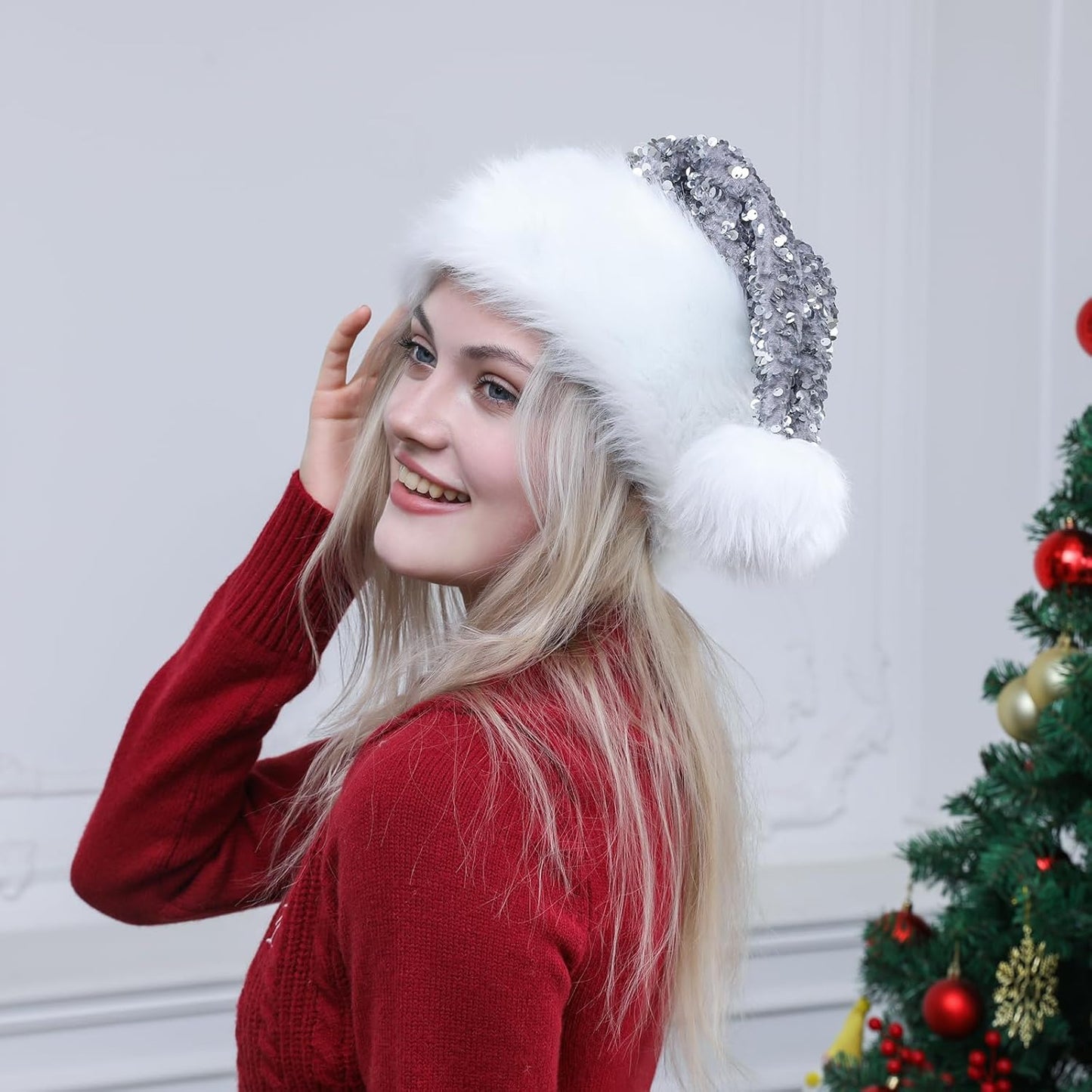 Personalized Sequin Santa Hat for Adults, Red Glitter Christmas Party Hat, Xmas Halloween New Year Holiday Headwear