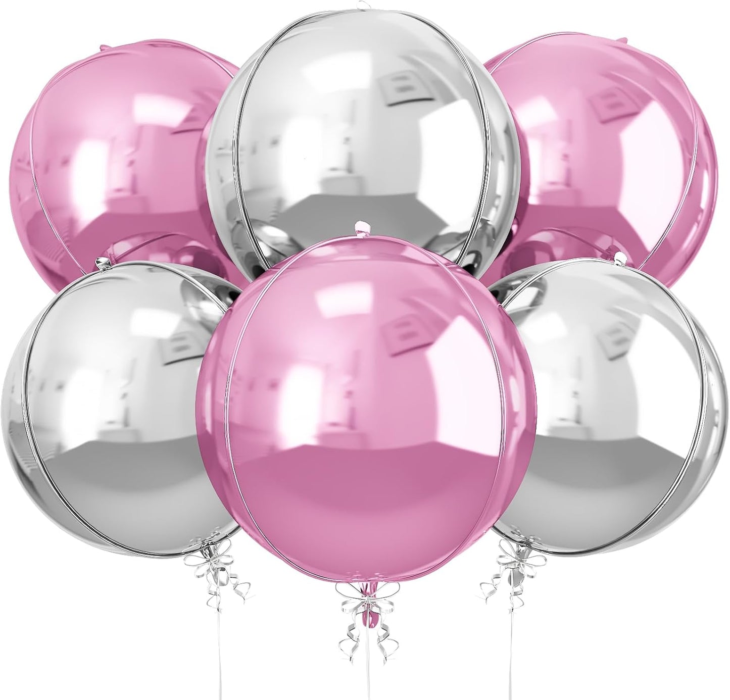 6Pcs Pink Silver Round Foil Balloons, 22inch 4D Metallic Silver Pink Balloons, Large Round Foil Ball Balloon for Girls Women Birthday Anniversary Baby Shower Wedding Party Backdrop Decorations