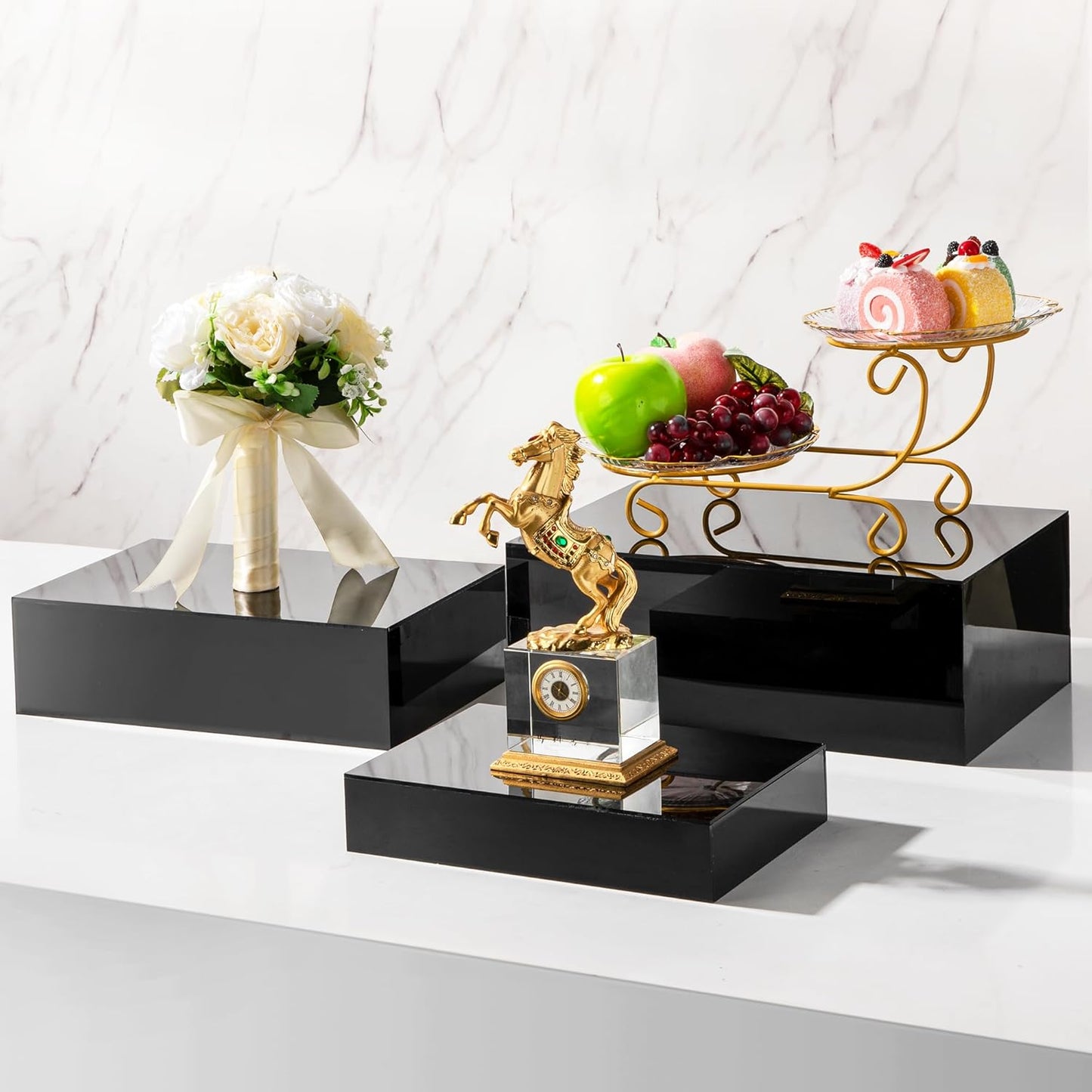 Extra Large Buffet Risers Set, 10" 12" 14" White Acrylic Food Risers for Buffet Table, Display Stand Shelf with Hollow Bottoms for Catering Dessert Collectibles Jewelry Figures Show(Black)