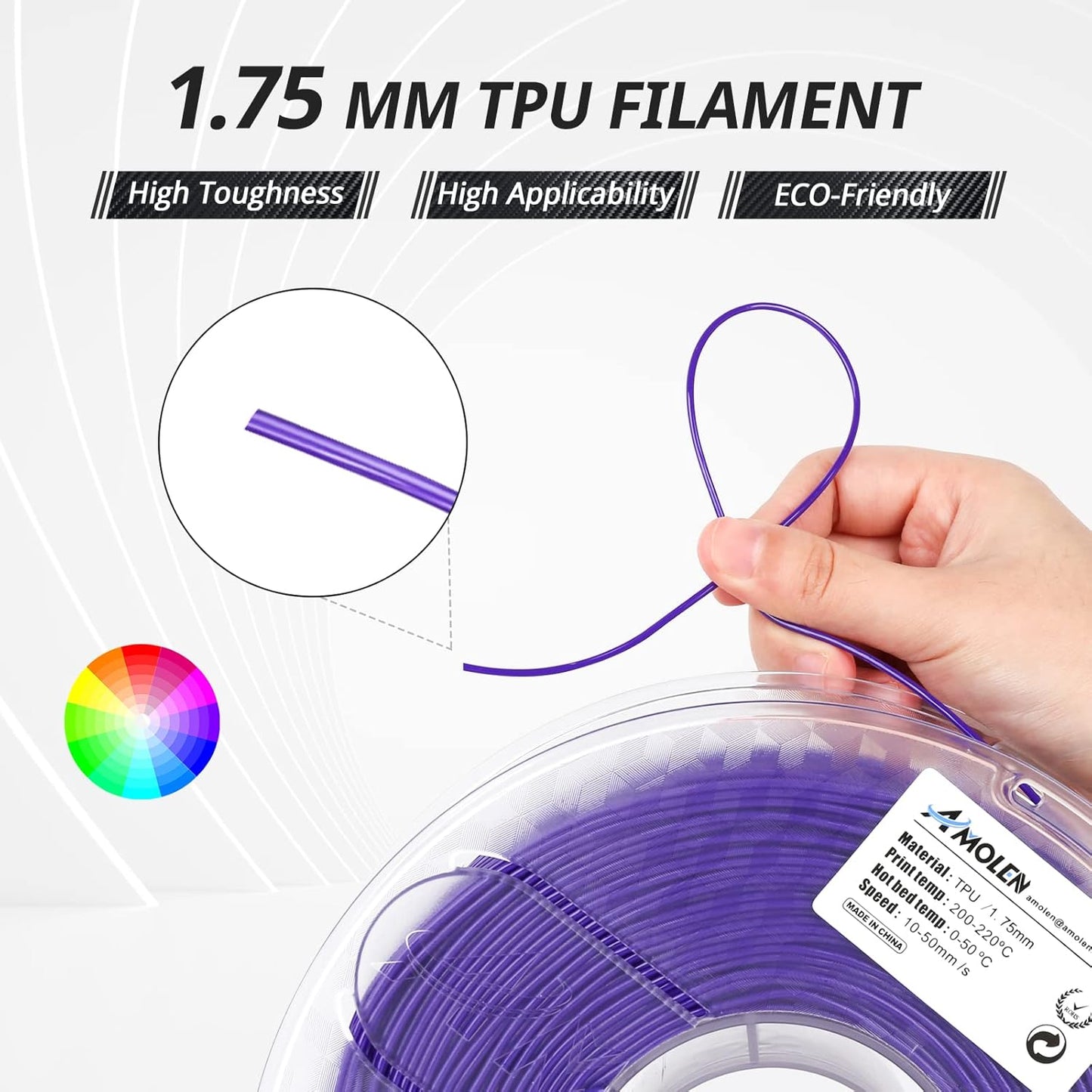 AMOLEN TPU 3D Printer Filament 1.75mm, Flexible Soft TPU 3D Printing Filament Supports High Speed, 1kg Spool(2.2lbs), Purple